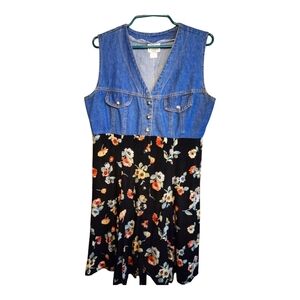 Vintage Denim Floral Short Maxi Dress w/ silver buttons